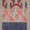 Three designs of organic shapes and women's faces in red, pink, purple