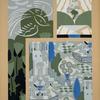 Three designs of trees, garden with fountain, in green, white, gray, blue