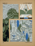 Three designs of trees, garden with fountain, in green, white, gray, blue