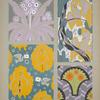 Four designs of flowers, birds, people, in purple, gray, yellow, green