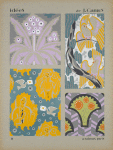 Four designs of flowers, birds, people, in purple, gray, yellow, green