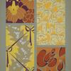 Four designs of flowers, buildings, ribbons, in yellow, orange, red, purple