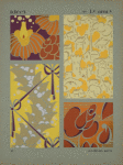 Four designs of flowers, buildings, ribbons, in yellow, orange, red, purple
