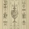 Central design of urn with garland and man's bust, and two long handles with faces