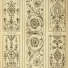 Central design of two floral shapes surrounded by curling vegetal shapes