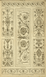 Central design of two floral shapes surrounded by curling vegetal shapes