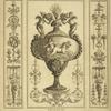 Central design of urn with design of cherub driving horse-drawn chariot