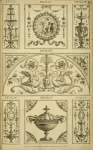 Central tympanum-shaped design with two swans and a woman's face.