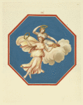 Octagonal painting of two women riding a cloud and holding wreaths and flowers.