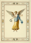 Female angel holding wreath and gold ribbon