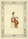 Woman in classical dress sitting at small table.