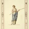 Woman in classical dress holding two long pipes