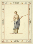 Woman in classical dress holding two long pipes.