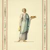 Woman in classical dress holding vase and platter of food