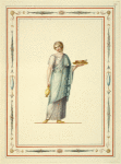Woman in classical dress holding vase and platter of food.