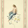 Partially nude woman sitting on flowering branch.