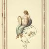 Partially nude woman sitting on flowering branch, holding tambourine
