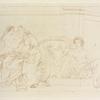 Frieze-like design including nude youth reclining on low couch and two women sitting together.