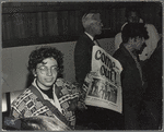 Martha Shelley sells Gay Liberation Front paper during Weinstein Hall demonstration