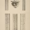 1, 2. - Sacristie, chambranles en bois. - 3. - bénitier en marbre; 4, 5, 6. - bas-reliefs des piliers autour du maitre-autel.