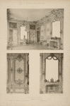Salon dit des pendules; 1. Ensemble du salon; 2. Motif des panneaux de menuiserie; 3. Cheminée.