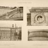 1 - Détail du perron sur le jardin français; 2 - œil de bœuf de la guérite d'entrée; 3 - détail de la grille d'entrée; 4 - motif de couronnement du mur de la cour.