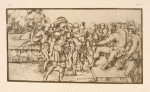 Drawing of soldier approaching king, surrounded by crowd