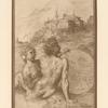 Drawing of two nude figures in a landscape