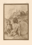 Drawing of two nude figures in a landscape