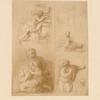 Drawing of woman playing lute, woman reclining, other figures in poses