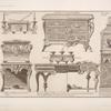 Ecritoire de cabinet qui porte deux chandeliers; commodes de deux desseins differens [sic]; serre-papier veu par le profil; [...]