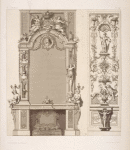 Design for wall niche [mirror?] with chandeliers on either side; design for wall panel featuring Athena.]