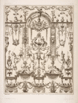 Design featuring central arch and figures of cherubs forging a heart.