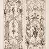 Two vertical designs featuring cherub crowning a bust portrait with wreath.