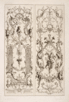 Two vertical designs featuring cherub crowning a bust portrait with wreath.