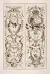 Two vertical designs featuring scene of cherubs by a lake.