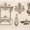 Designs for urns, architectural structure with oval panel on top shelf.