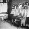 Inhabited parlor with sewing machine and cluttered shelf