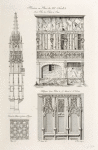 Maison en bois du XVIe. siècle située rue des postes à Caen. Détails du palais de justice à Rouen. Fragment d'une porte de St. Marcel à St. Denis.
