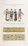 Bateliers et batelières de la ville du Pont-de-l'arche, en Normandie. Tirés d'un vitrail, exécuté dans l'église de cet endroit, vers la fin du règne de Charles IX. Dessins de broderies en entrelas, du cabinet de monsieur de St. Morys.