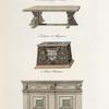Meubles du XVIe. siècle, dessinés en Bretagne. À Musillac près Vannes. Écritoire en fayance [sic]. À Pont-Chateau. Grand coffre, dessiné au bourg de Ploguenec près Quimper.