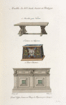 Meubles du XVIe. siècle, dessinés en Bretagne. À Musillac près Vannes. Écritoire en fayance [sic]. À Pont-Chateau. Grand coffre, dessiné au bourg de Ploguenec près Quimper.