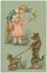 Children with mistletoe ; Dog walking dog.