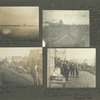 Looking across Snake River to Anvil Mts.; "In line" at temporary post office waiting for the mail. The trench at right holds wooden pipe being laid (1900) for Nome waterworks; Street in Nome. Dog team; Front Street, Nome. "Lawyer Green" and office in foreground. "Freshly picked bananas". Small boy.