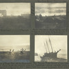 Hospital, church; Beach swept clean. The great storm - Sept. 12, 1900. A wave striking Frank's tent on the beach tipped it over, sending stove and everything across floor. Being partly prepared, they carried (between the highest waves) tent and all, up on to the tundra. After the storm, Buckingham and Pomeroy putting up temporary tent for Pomeroy to live in. Others were going by first boat. Remains of Frank's plant at extreme left; Remains of Frank's plant. All but Buckingham in picture. Trying to get the suction pipe. Engine and pump in foreground. 1600 - boiler gone out into Bering Sea; The Sequoia, Puget Sound, Came ashore in September storm - upright, with all sails set. Cannot be floated, with profit.