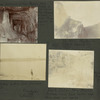 Near entrance to New Mexican cave. Frank is sitting on the stalagmite a little at left. Three figures in view, Frank; N. Mex. rocks in Dark Cañon; Spring Lake and distant ranch. Rheinboldt and "Grover"; Dark Cañon, New Mexico. Stream runs four miles and then sinks into earth, near Frank's farm.