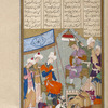Bahrâm Gûr disguised as his own ambassador gives a letter to Shangal, king of Hind (India).