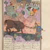 Bahrâm Gûr during his sojourn in India kills a unicorn (kharg).