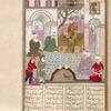 Hormuzd, seated in a small covered pavilion, talks with one of his father's ministers he has jailed.