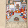 Khusrau Parvîz, seated on the throne at Madâ'în, is surrounded by courtiers, including a cook in a big white hat and white robe.